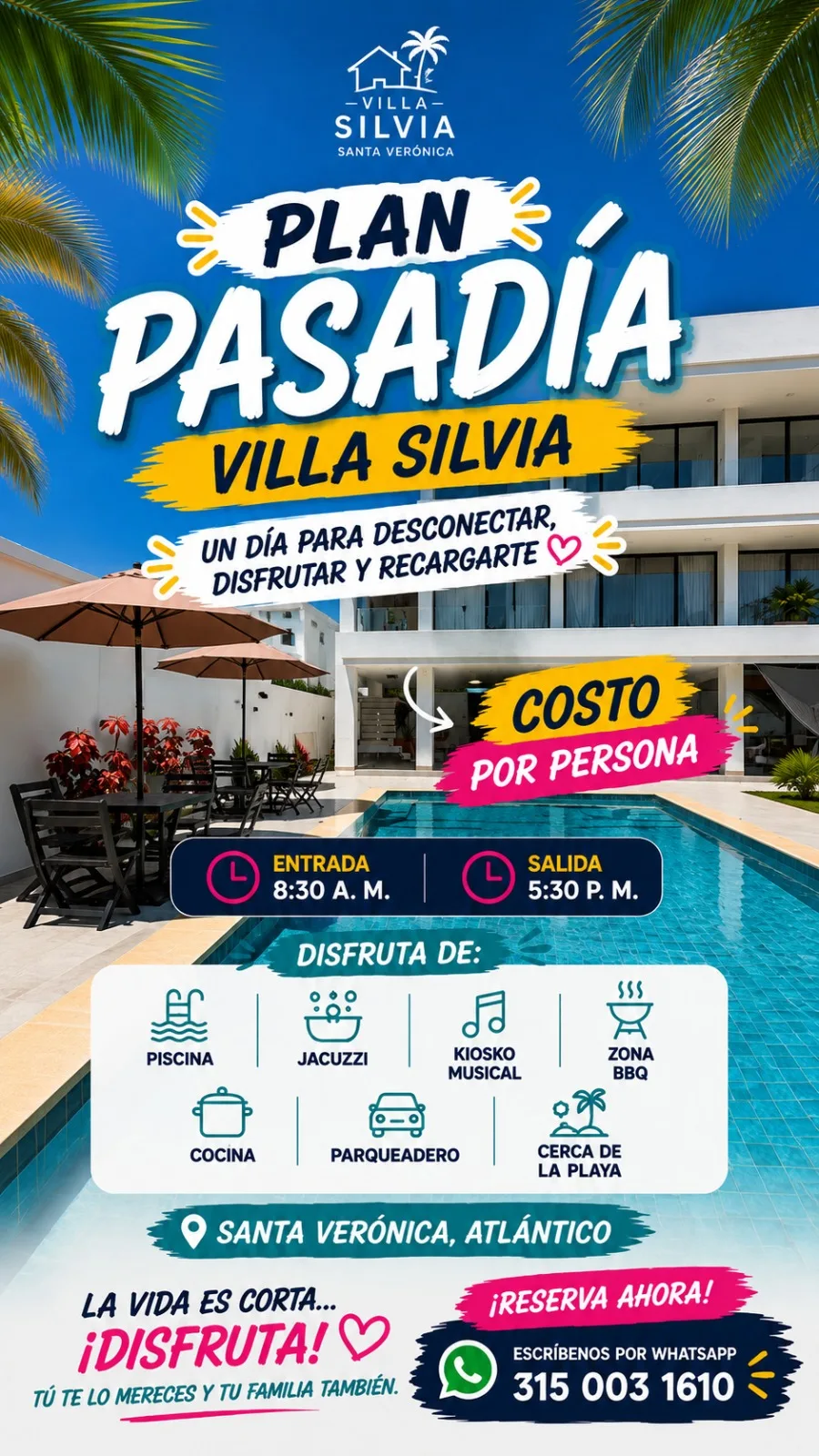 Piscina y fachada de Villa Silvia durante el día